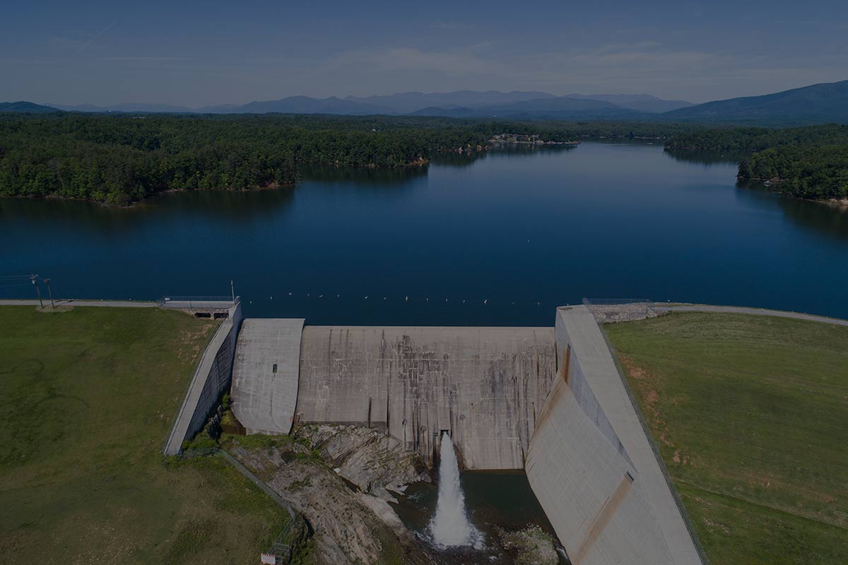 Aerial view of a dam and reservoir